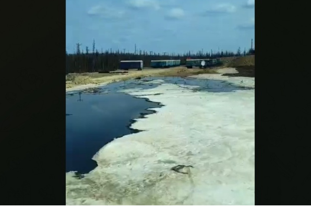 Участок леса загрязнен при разливе нефти в Ленском районе Якутии